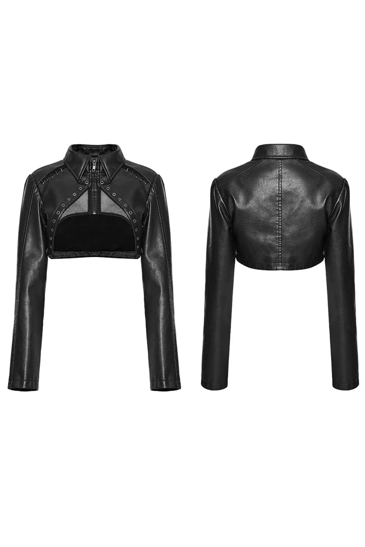 Black Faux Leather Long Sleeves Hollow Stitching Womens Steampunk Short Coat - Product - 5