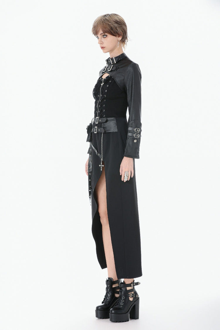 Black PU Leather Long Sleeves Buckled Strap Zippered Women's Punk Shrug - Product - 11