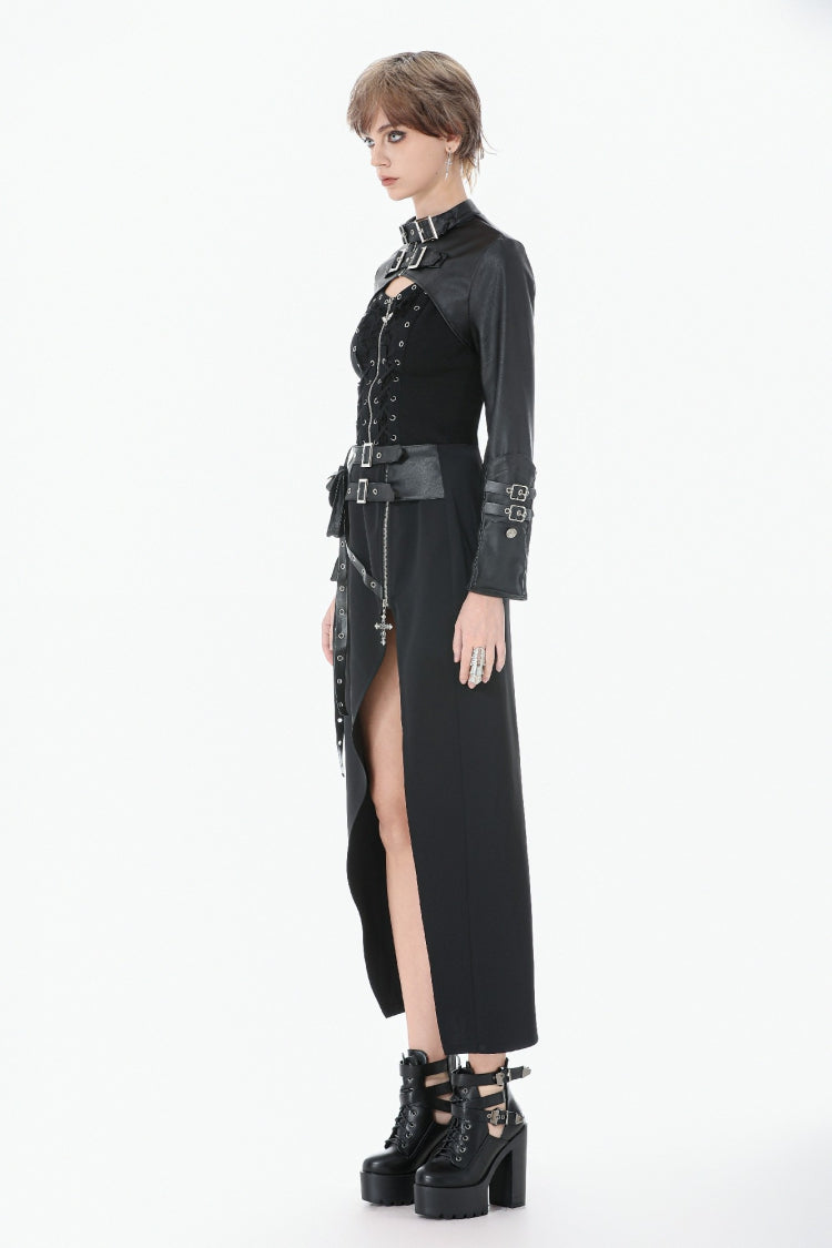 Black PU Leather Long Sleeves Buckled Strap Zippered Women's Punk Shrug - Product - 11
