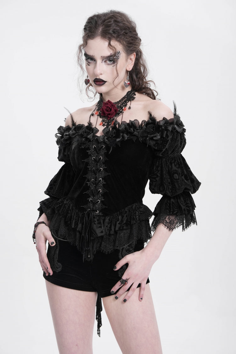 Black Off Shoulder Long Sleeves Ruffle Embroidery Lace-Up Women's Gothic Blouse - Product - 3
