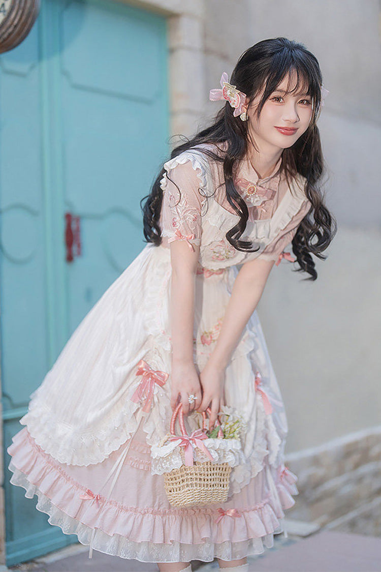 Pink Stand Collar Short Sleeves Ruffled Embroidered Lace Sweet Chinese Inspired Lolita Dress - Product - 12