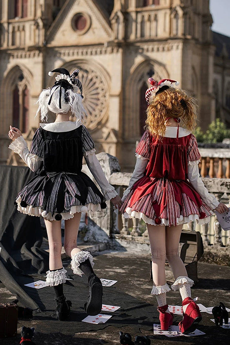Black [Letters and Poems · Doll Mask] Poker Clown Long Sleeves Ruffled Bow Gothic Lolita Dress Set - Product - 13