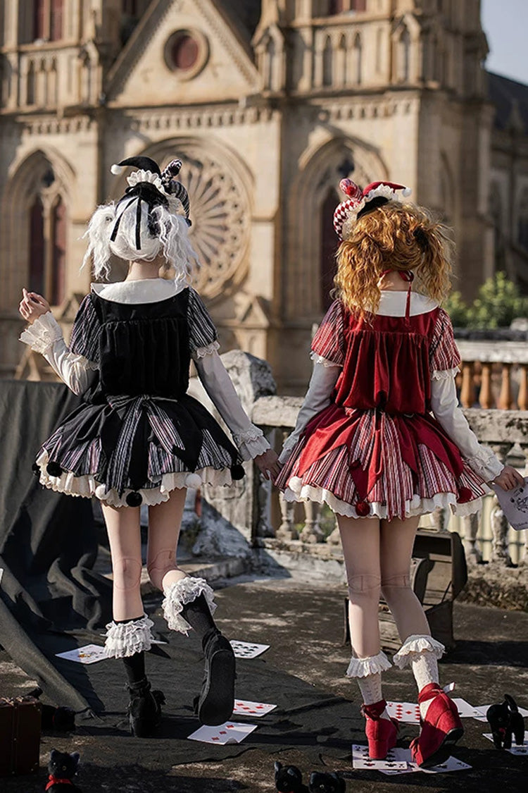 Red [Letters and Poems · Doll Mask] Poker Clown Long Sleeves Ruffled Bow Gothic Lolita Dress Set - Product - 9
