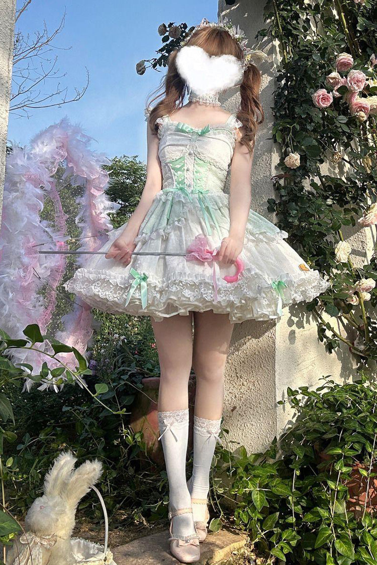 Green [Leiffu] Sleeveless Ruffle Bowknot Lace Lace-Up Sweet Ballet Lolita Jsk Dress - Product - 2
