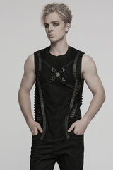 Black Round Collar Sleeveless Stitching Mesh Buckle Men's Punk Vest - Black - 1