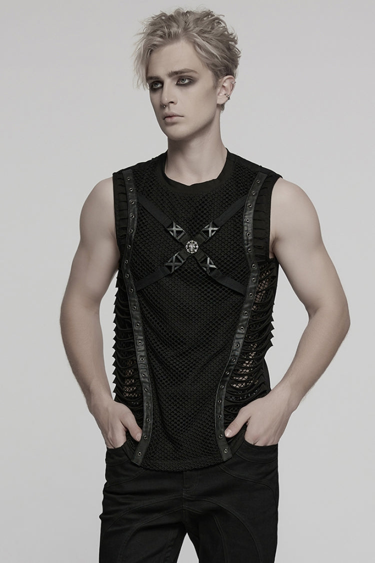 Black Round Collar Sleeveless Stitching Mesh Buckle Men's Punk Vest - Black - 1