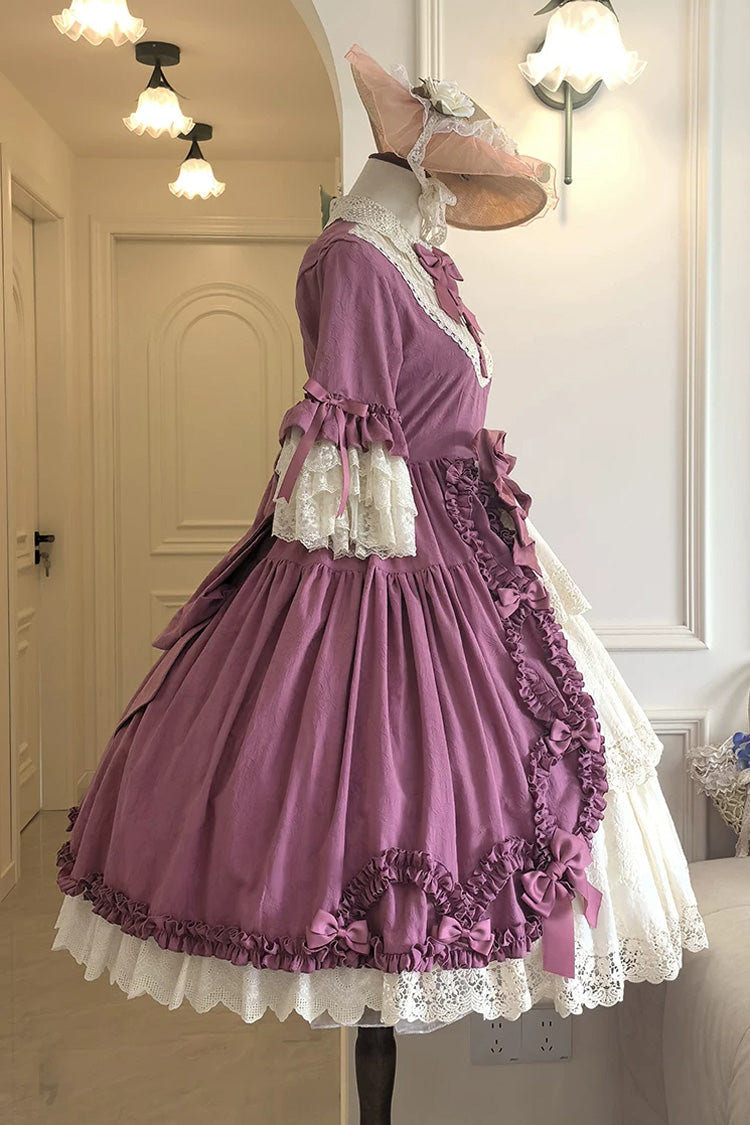 Plum Red [Lilica Garden] Lapel Collar Short Trumpet Sleeves Ruffled Open-Front Bow Lace Sweet Elegant Luxurious Lolita Dress - Product - 6