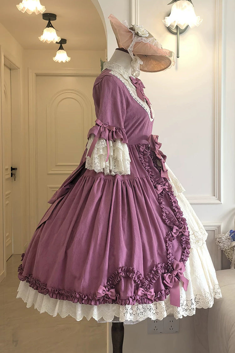 Plum Red [Lilica Garden] Lapel Collar Short Trumpet Sleeves Ruffled Open-Front Bow Lace Sweet Elegant Luxurious Lolita Dress - Product - 6