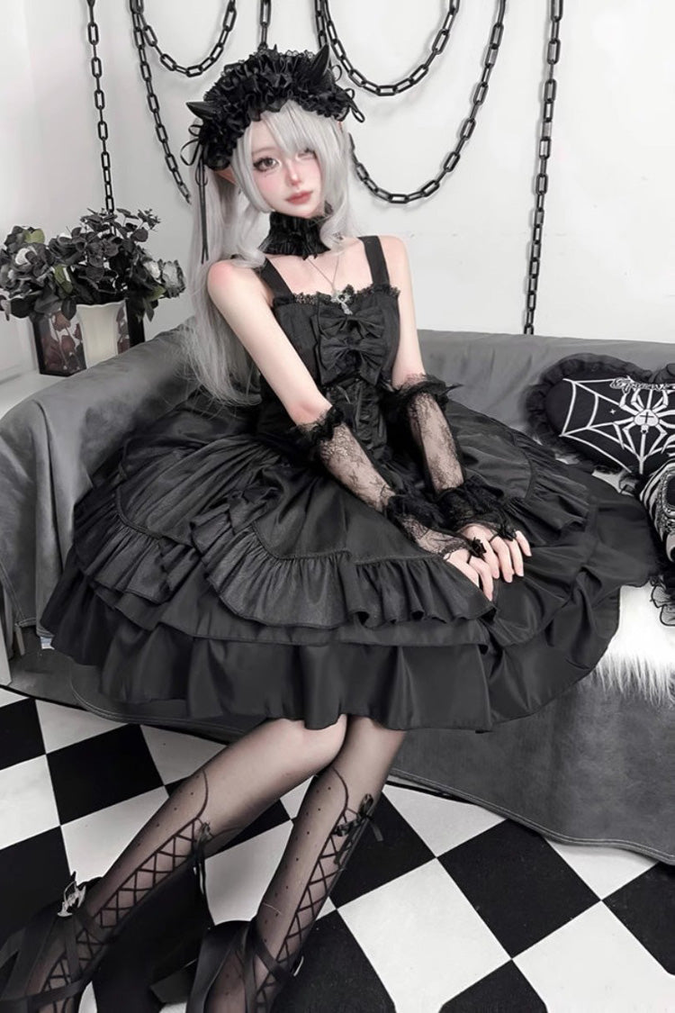 Black [Butterfly Officer] Triple-Layered Ruffle Bowknot Lace-Up Gothic Lolita Skirt Set - Product - 5
