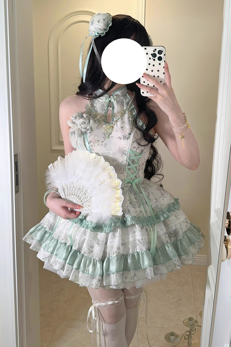 Peach Moon Bamboo Halterneck Multi-layer Print Ruffle Sweet Chinese Style Lolita Dress 2 Colors - Product - 4