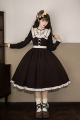 Brown [Miss Brown] Long Sleeves Ruffle Bouquet Embroidery Sweet Lolita Dress (Long Version) - Product - 3