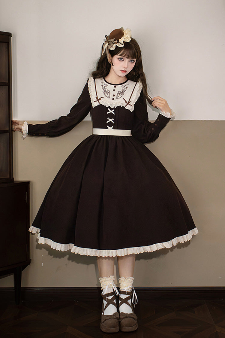 Brown [Miss Brown] Long Sleeves Ruffle Bouquet Embroidery Sweet Lolita Dress (Long Version) - Product - 3
