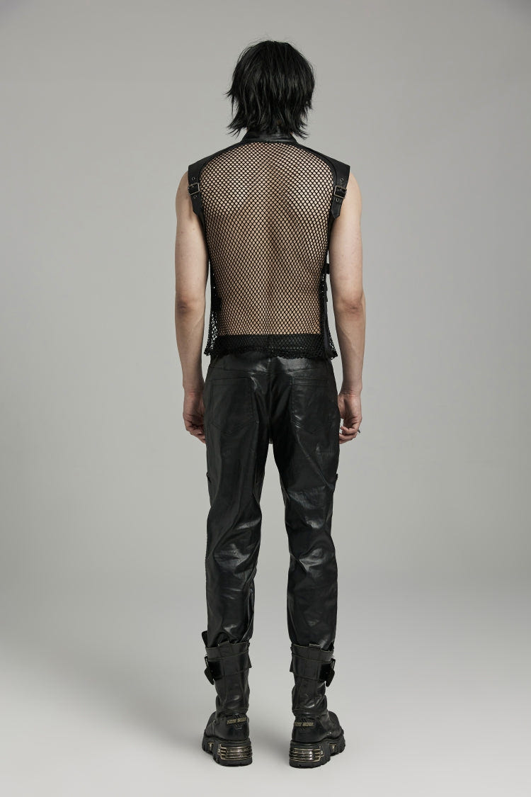 Black Multi-buckles Hollow Mesh Faux Leather Men's Punk Vest - Product - 6