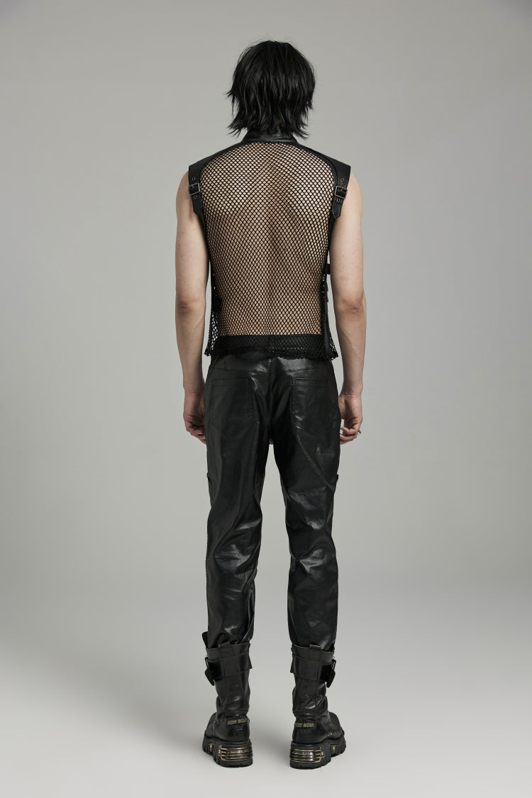 Black Multi-buckles Hollow Mesh Faux Leather Men's Punk Vest - Product - 6