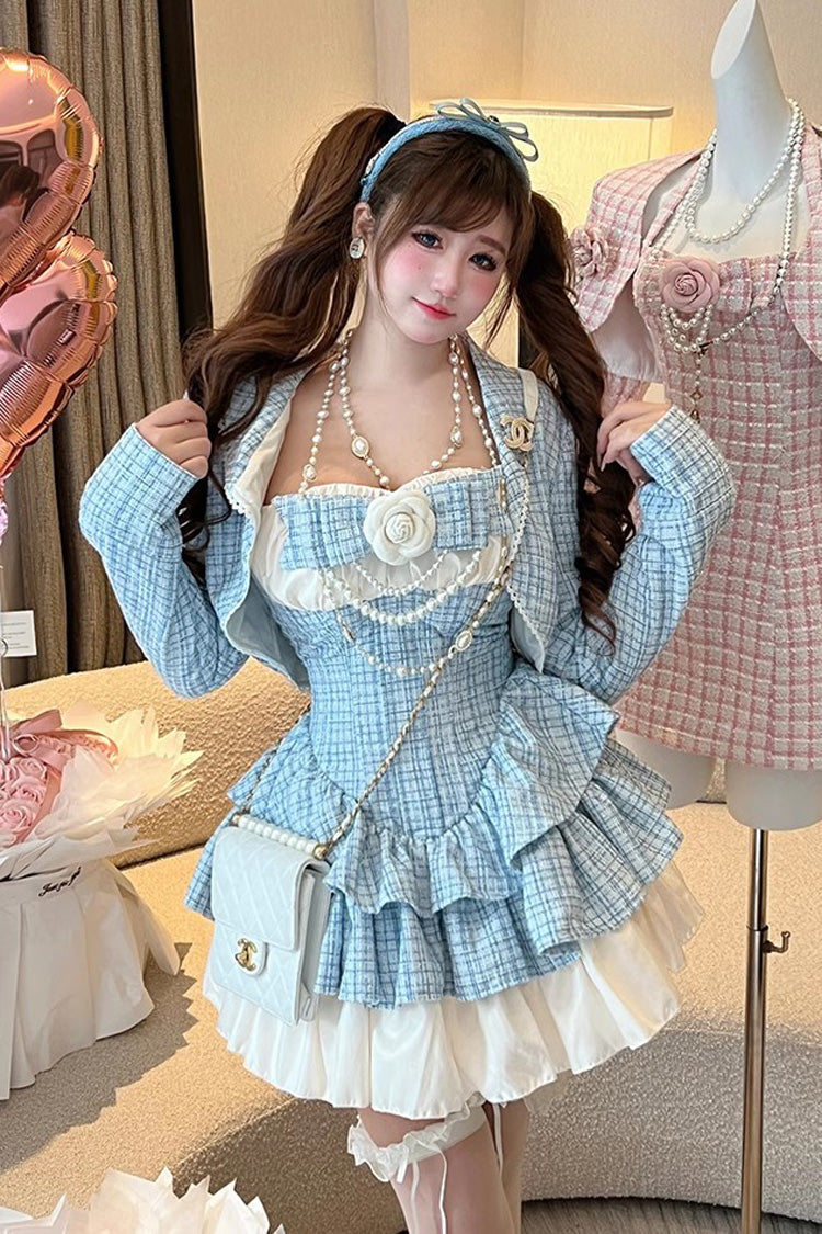 Camellia Blue Miss Plaid Print Ruffle Bowknot Sweet Lolita Dress - Blue - 1