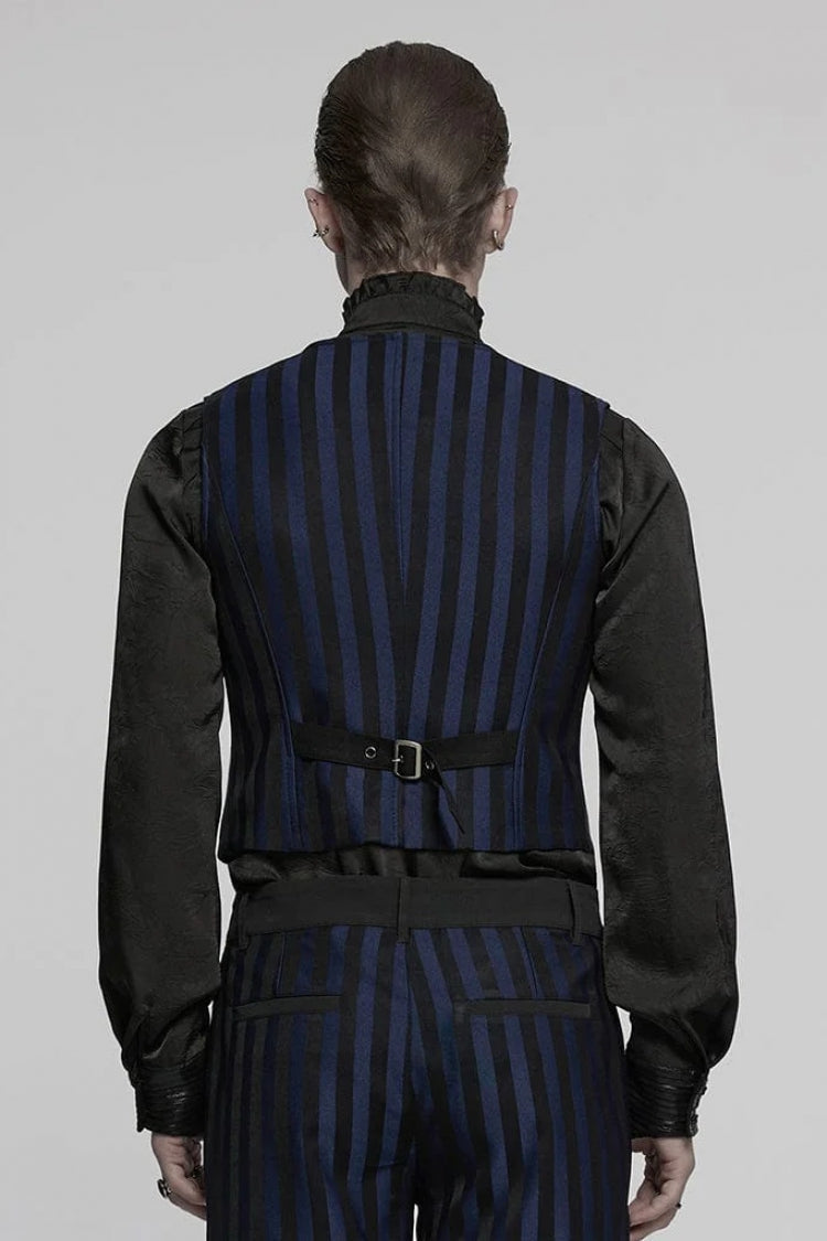 Black/Blue V Collar Sleeveless Striped Print Buckle Men's Punk Vest - Product - 3