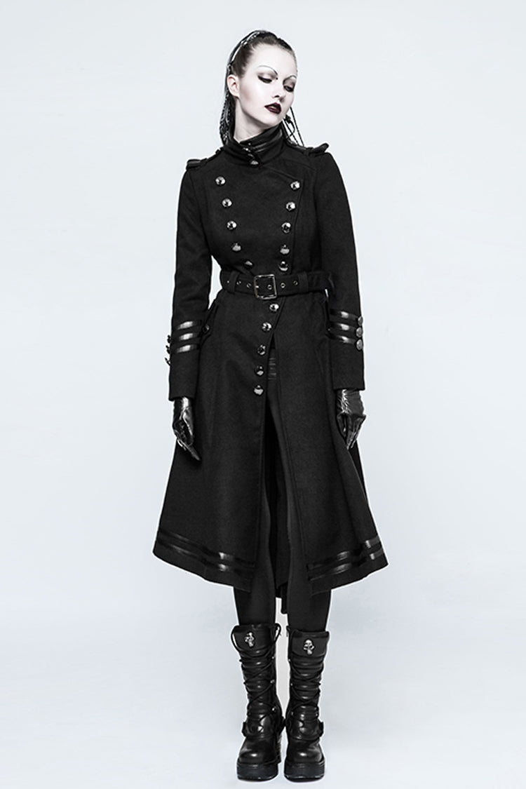 Black Military Uniform Double Breasted Womens Long Gothic Coat With Belt - Product - 2
