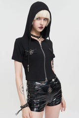 Black Punk Front Metal Zipper Pentagram On Both Sides Hooded Women's T-Shirt - Product - 2