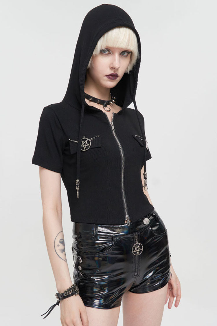 Black Punk Front Metal Zipper Pentagram On Both Sides Hooded Women's T-Shirt - Product - 2