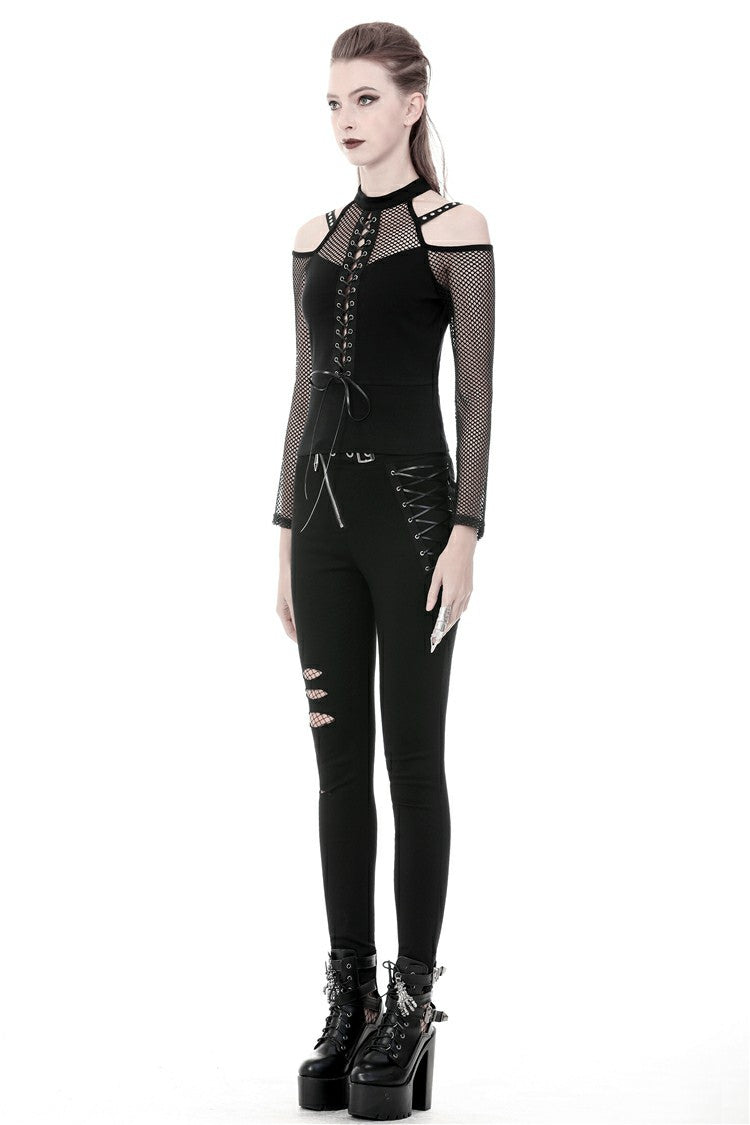Black Off Shoulder Long Sleeves Lace-Up Mesh Women's Punk Top - Product - 9