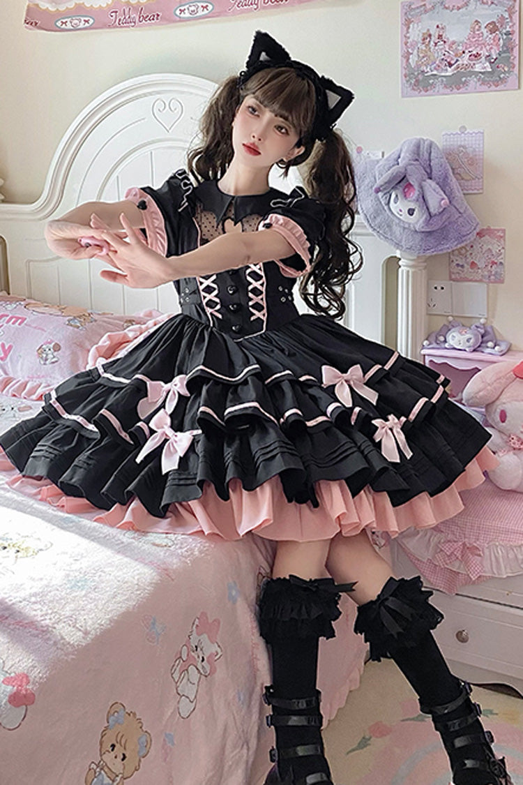 Black/Pink Short Sleeves Multi-layer Ruffle Bowknot Sweet Lolita Dress - Product - 5