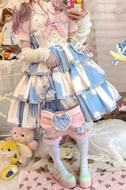 Blue Sleeveless Triple-Layered Cow Print Ruffle Bowknot Sweet (Dress Only) front view