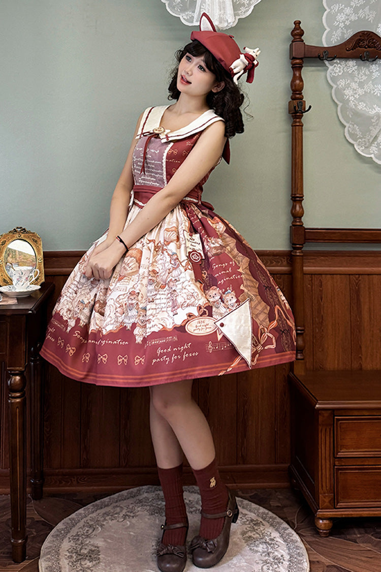 Wine Red [Fox Band] Print Square Collar Bowknot Classic Lolita Jumper Dress - Product - 14