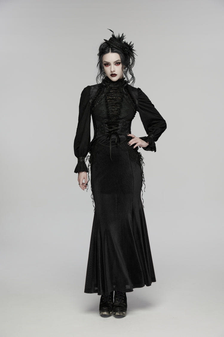 Black Jacquard Embroidered Lace Lace-Up Slim Women's Gothic Vest - Black - 1