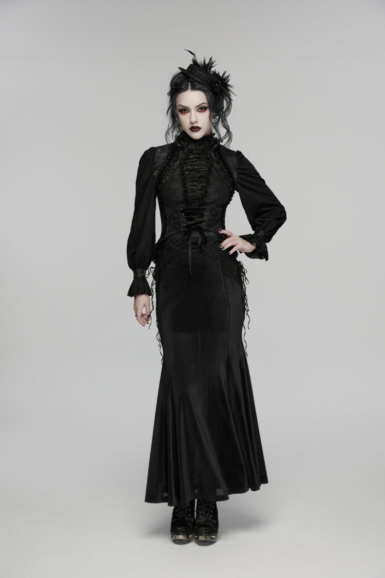 Black Jacquard Embroidered Lace Lace-Up Slim Women's Gothic Vest - Black - 1