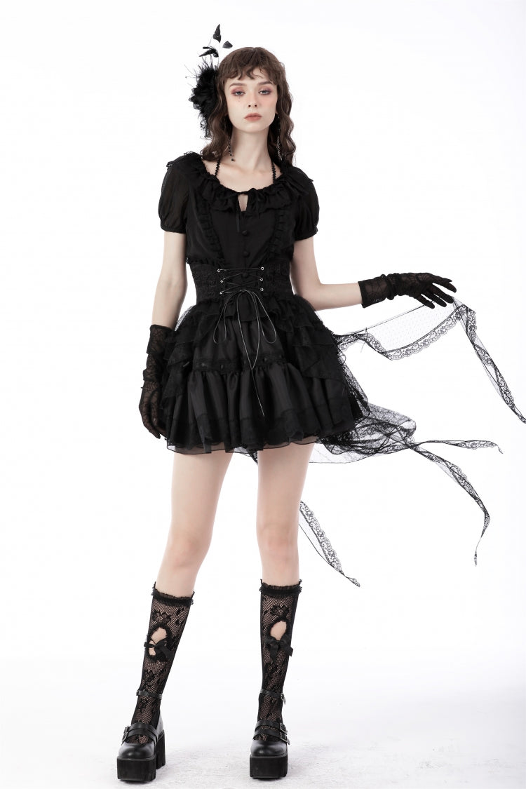 Black Lace-Up Multi-Layered Lace Women's Gothic Fishtail High Low Tunic Skirt - Black - 1