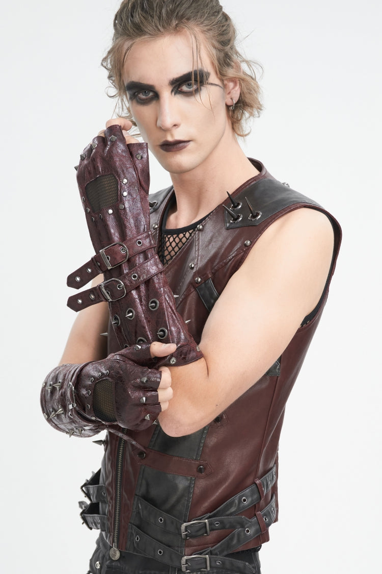 Red Spliced Mesh Studded Buckled Men's Gothic Accessory Half-finger Gloves - Red - 1