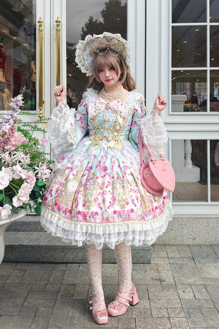 Mint Green/Pink [Rose Garden Prelude] Square Collar Long Trumpet Sleeves Printed Ruffled Bow Lace Lace-Up Sweet Lolita Dress - Mint-Green/Pink - 1