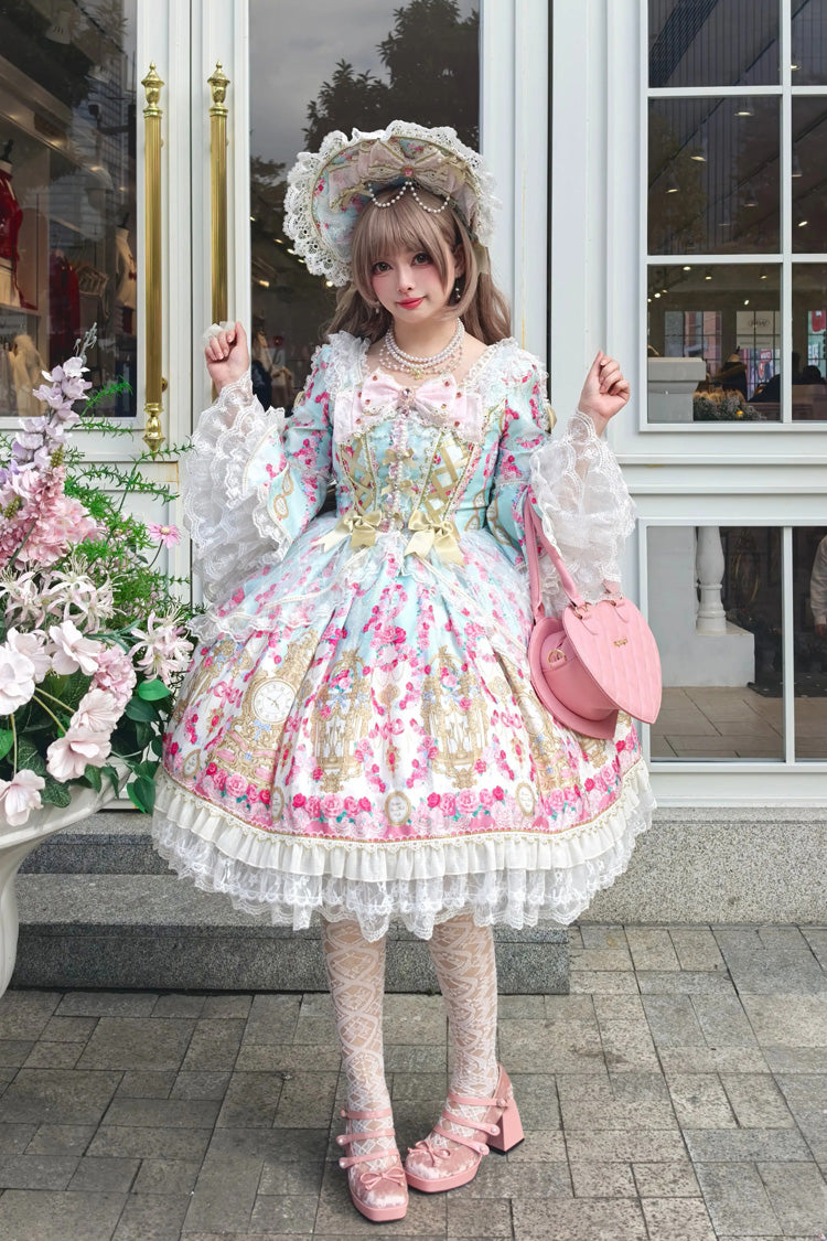Mint Green/Pink [Rose Garden Prelude] Square Collar Long Trumpet Sleeves Printed Ruffled Bow Lace Lace-Up Sweet Lolita Dress - Mint-Green/Pink - 1