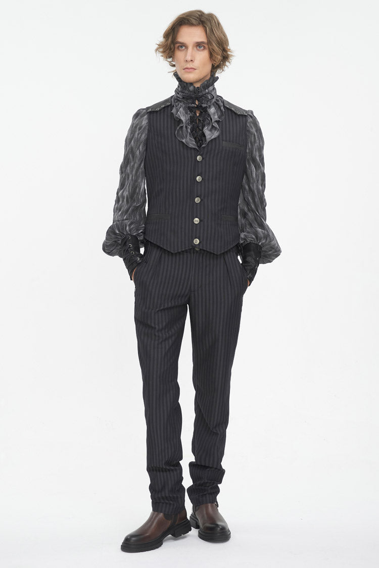 Black High Waisted Lace-Up Striped Men's Gothic Pants - Product - 5