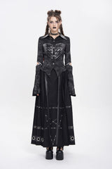 Black Lapel Collar Long Sleeves Print Lace-Up Cutout Women's Punk Blouse - Product - 8