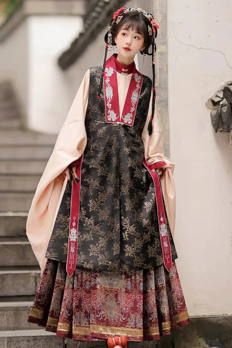 Black/Red Round Collar High Waisted Hot Stamping Embroidery Chinese Style Hanfu Dress Three Piece - image 3