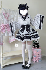 Black/White Double-Layered Ruffle Bowknot Maid Sweet Lolita Skirt Set - Product - 4