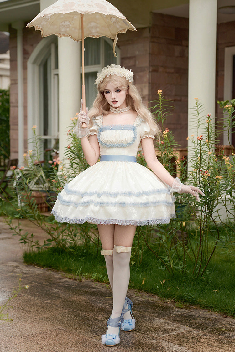 Ivory [Sea Salt Iced Tea] Square Collar Short Sleeves Ruffle Fishbone Sweet Lolita Short Dress - Product - 4
