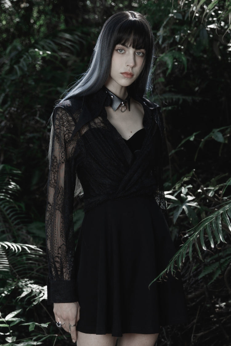 Black Long Sleeves Print Embroidery Lace Women's Gothic Shirt - Product - 4