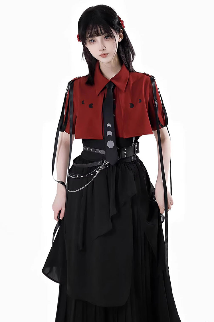 Red/Black [Moonlight Flowing] Long/Short Sleeves Ruffled Asymmetric Gothic Jirai Kei Skirt Set - Product - 3
