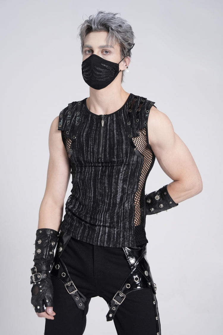Black Sleeveless Ribbed Print Stitching Mesh Zipper Men's Gothic Vest - Product - 2