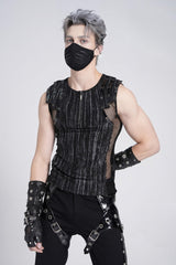 Black Sleeveless Ribbed Print Stitching Mesh Zipper Men's Gothic Vest - Product - 2