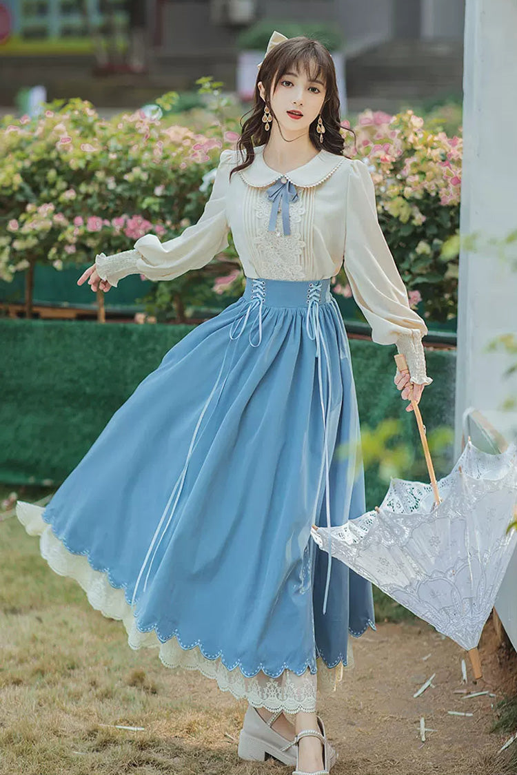 Blue Lapel Collar Long Sleeves High Waisted Lace-Up Wave Hem Classic Lolita Two-Piece Skirt Set - Product - 5