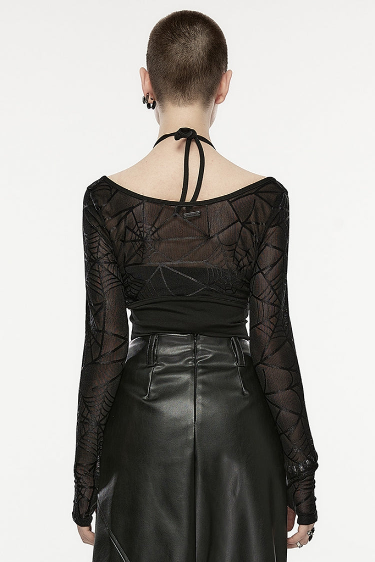Black Spider Web Print Hollow Halter Neck Women's Punk Two-Piece Set (T-Shirt and Vest) - Product - 3