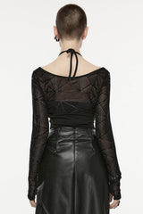 Black Spider Web Print Hollow Halter Neck Women's Punk Two-Piece Set (T-Shirt and Vest) - Product - 3
