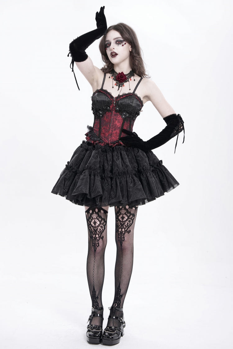 Red Sleeveless Ruffle Embroidery Lace-Up Women's Gothic Tank Top - Product - 12