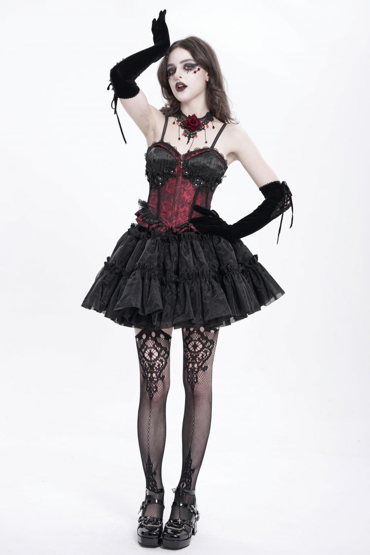 Red Sleeveless Ruffle Embroidery Lace-Up Women's Gothic Tank Top - Product - 12