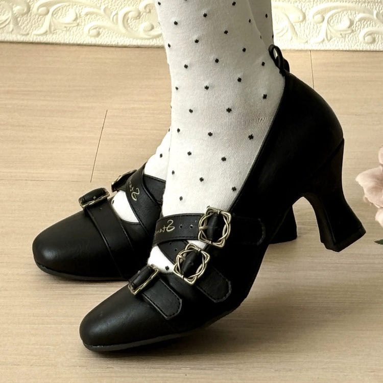 Square-Toe Cross Bandage High Heel Lolita Shoes 3 Colors - Black - 1