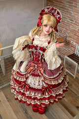 Red [Crown of Gems] Triple-Layered Ruffle Bowknot Lace Sweet Gorgeous Lolita Jsk Dress - Product - 8