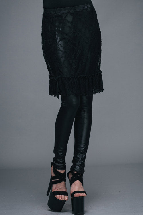 Black Rose Lace Mesh Outer Skirt Gothic Faux Leather Womens Pants - Product - 2